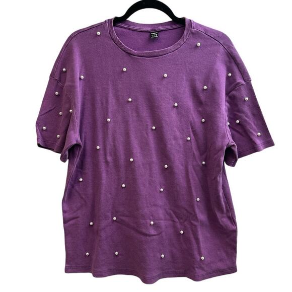 Purple Short Sleeve Tee with Pearls Size Small Casual Work Girly NEW Oversized - Picture 1 of 5